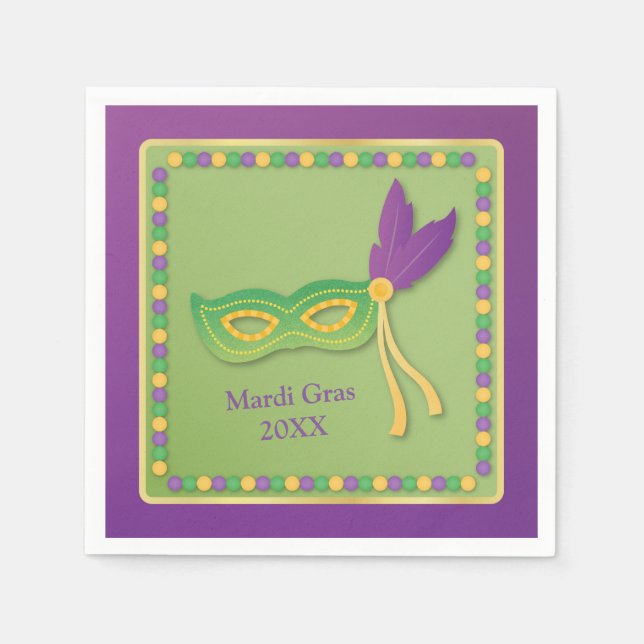 Party Mask and Beads Mardi Gras Paper Napkins (Front)