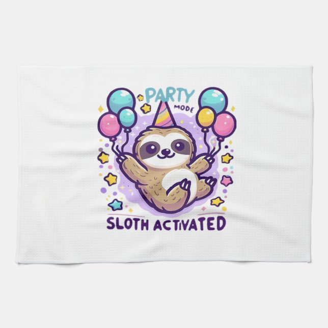 Party Mode Sloth Activated Birthday Balloon Sloth  Tea Towel (Horizontal)
