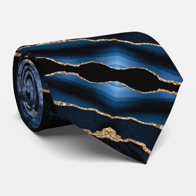 Party Neck Tie Agate Navy Blue Gold Marble (Rolled)