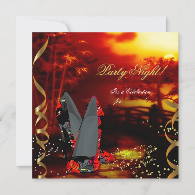 Party Night Red Gold Black Floral Shoes Asian Invitation (Front)
