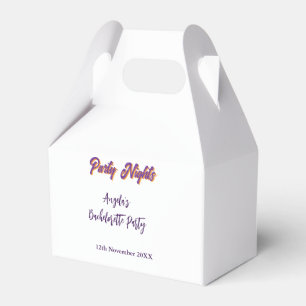 Party nights bachelorette party name date purple favour box