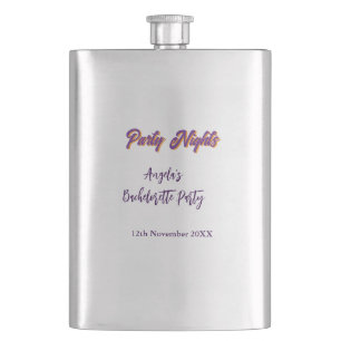 Party nights bachelorette party name date purple hip flask