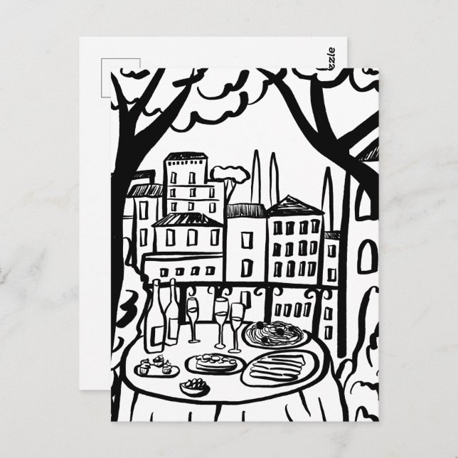 Party on the Terrace Whimsical City Hand Drawn Postcard (Front/Back)
