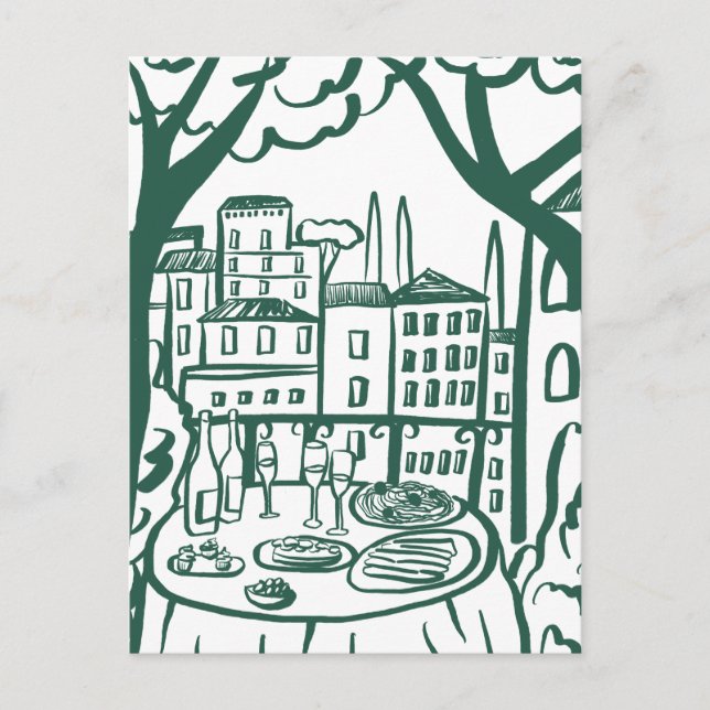 Party on the Terrace Whimsical City Hand Drawn Postcard (Front)