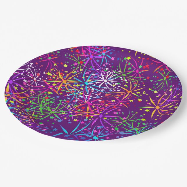 Party Paper plate rainbow fireworks stars purple (Angled)