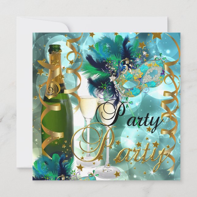 Party Party Mask Champagne Blue Gold Masquerade Invitation (Front)