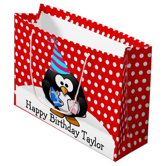 Party Penguin Happy Birthday Red Polka Dot Large Gift Bag (Front Angled)