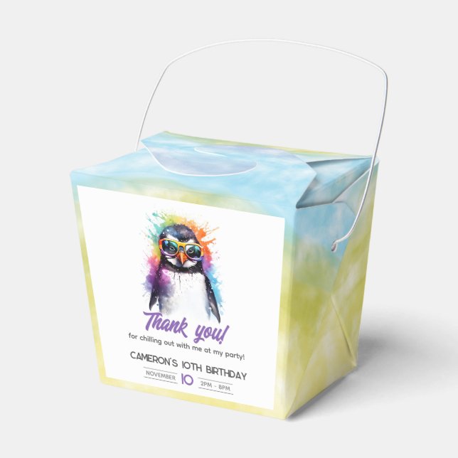 Party Penguin sunglasses, kid's birthday Favour Box (Front Side)