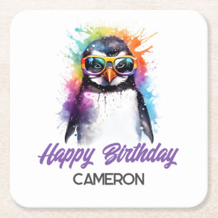 Party Penguin sunglasses, kid's birthday Square Paper Coaster