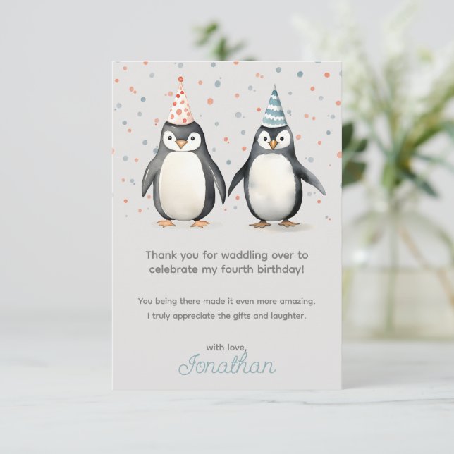 Party Penguins, waddle over children's birthday Thank You Card (Standing Front)