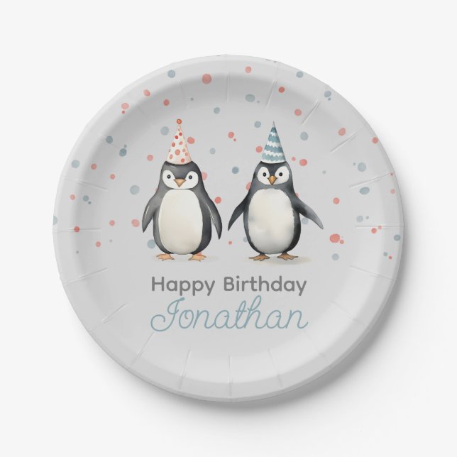 Party Penguins, watercolor, children's birthday Paper Plate (Front)