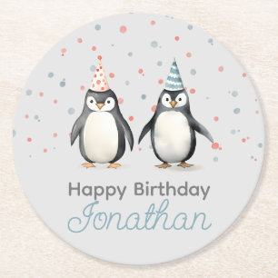 Party Penguins, watercolor, children's birthday Round Paper Coaster
