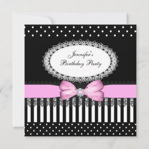 Party Pink Bow Black White Polka Dots Invitation