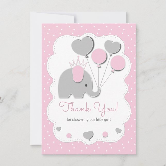 Party Pink Elephant Baby Shower Girl Thank You Card (Front)