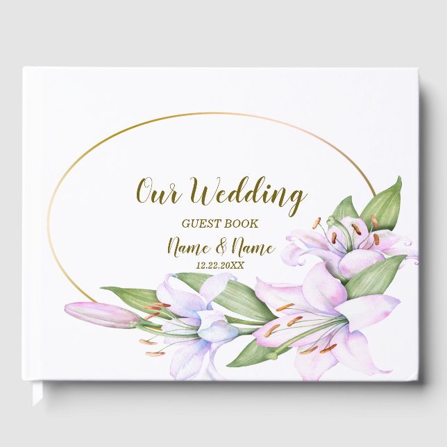 Party Pink Lily Flowers Golden Frame Beautiful Guest Book (Front)