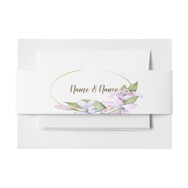 Party Pink Lily Flowers Golden Frame Beautiful Invitation Belly Band (Front Example)