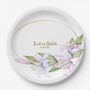 Party Pink Lily Flowers Golden Frame Beautiful Paper Plate