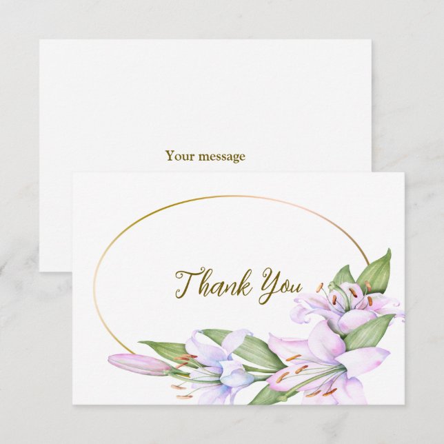 Party Pink Lily Flowers Golden Frame Beautiful Thank You Card (Front/Back)
