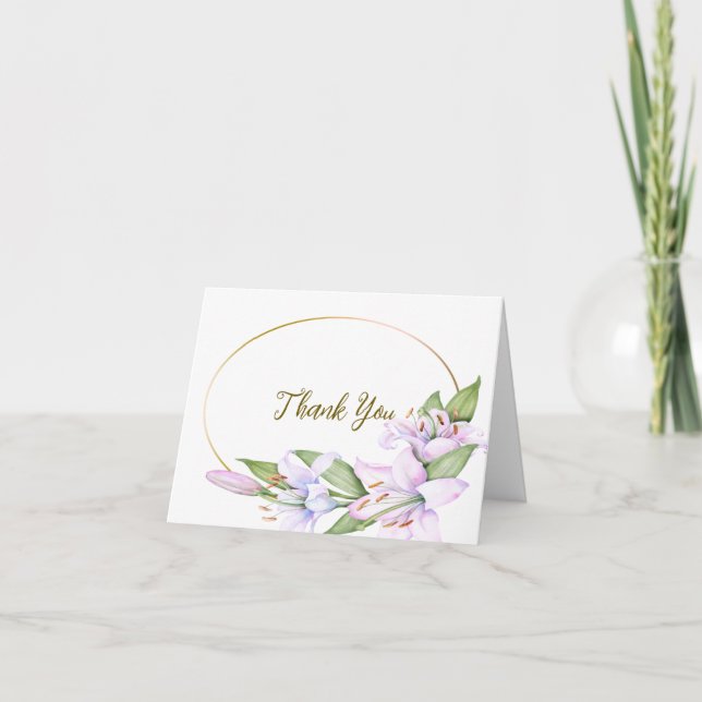 Party Pink Lily Flowers Golden Frame Beautiful Thank You Card (Front)