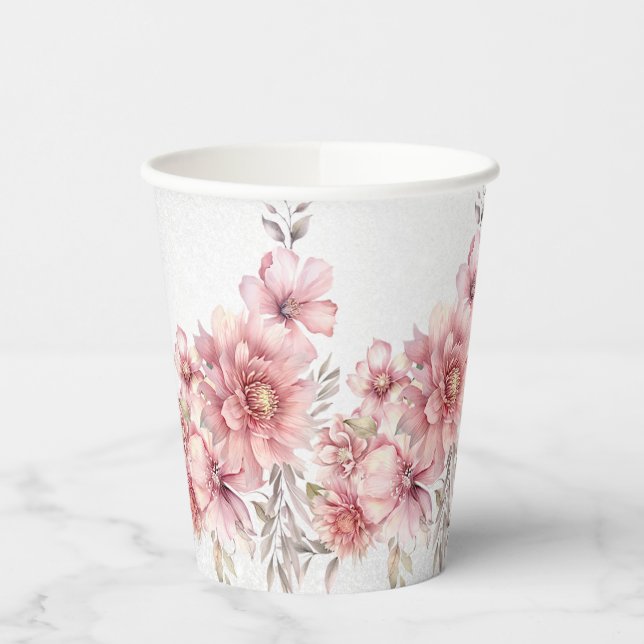 Party Pink Watercolor Flowers Shiny Glitter Modern Paper Cups (Left)