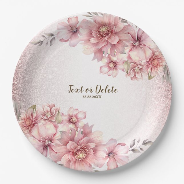 Party Pink Watercolor Flowers Shiny Glitter Modern Paper Plate (Front)