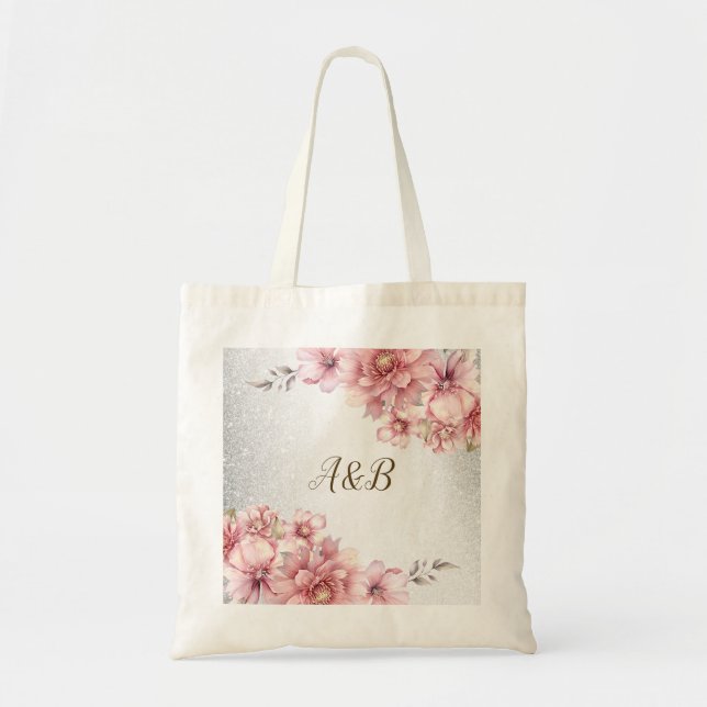 Party Pink Watercolor Flowers Shiny Glitter Modern Tote Bag (Front)