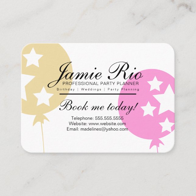 Party Planner Birthday Planning Balloon Stars   Business Card (Front)