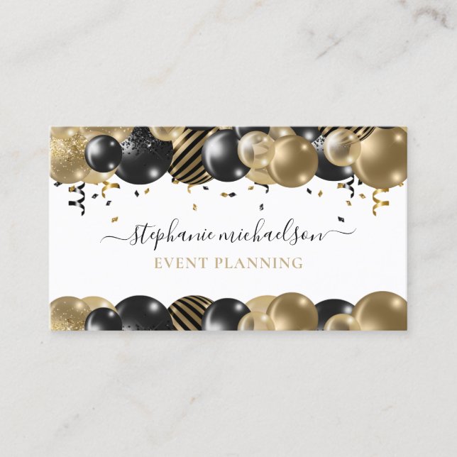 Party Planner Black Gold Balloon Business Card (Front)
