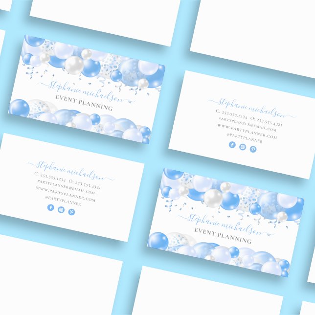 Party Planner Blue White Balloon Business Card (Party Planner Blue White Balloon Business Card)
