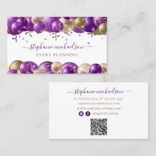 Party Planner Purple Gold Balloon QR Code Business Card