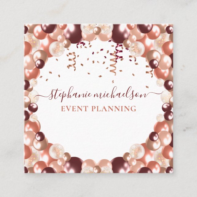 Party Planner Rose Gold Glitter Balloon Business C Square Business Card (Front)
