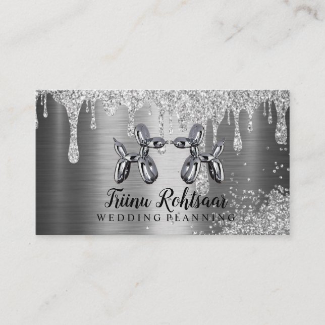 Party Planner Silver Glitter Balloon Business Card (Front)