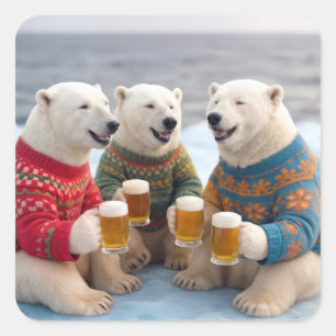 Party Polar Bears Wearing Christmas Ugly Sweaters Square Sticker