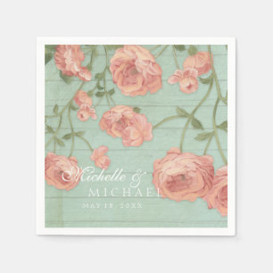 Party Pretty Blush Pink Peach Roses Wood Fence Napkin