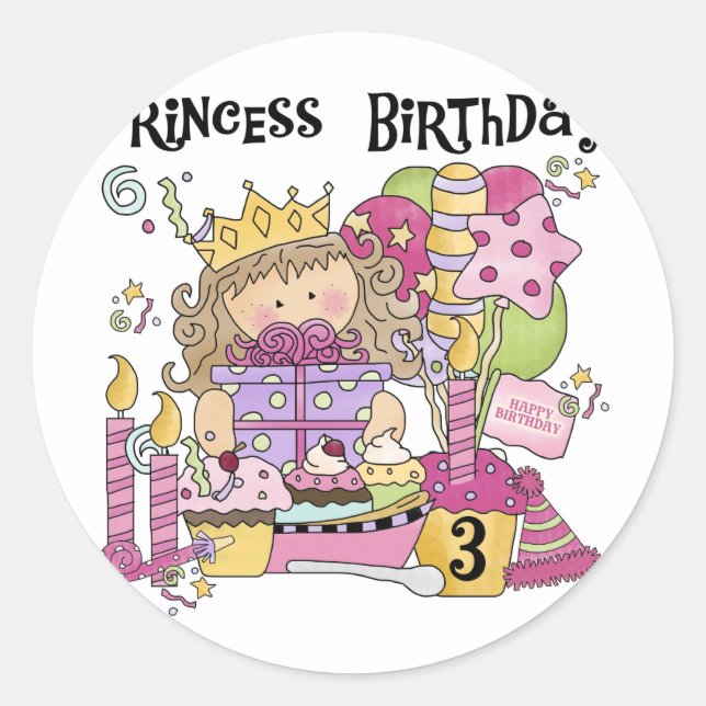 Party Princess 3rd Birthday Tshirts and Gifts Classic Round Sticker (Front)