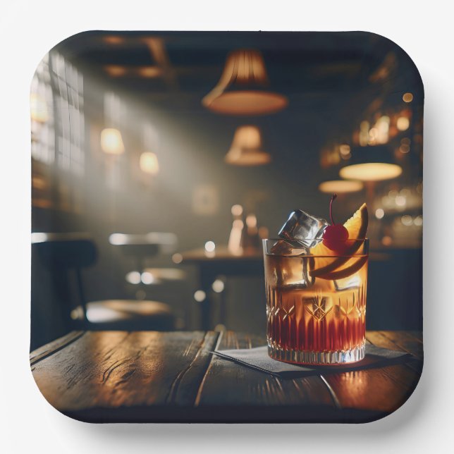 Party Pub With Old Fashioned Drink Paper Plate (Front)