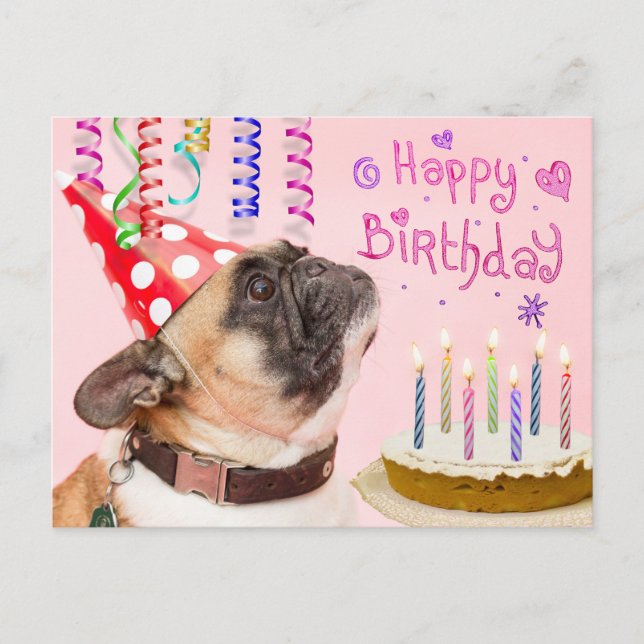 Party Pug and Birthday Cake Invitation Postcard (Front)