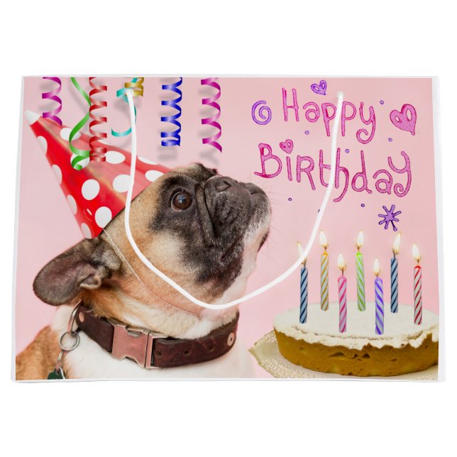 Party Pug and Birthday Cake Large Gift Bag (Front)