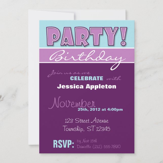 PARTY! Purple & Blue Birthday Invitations (Front)