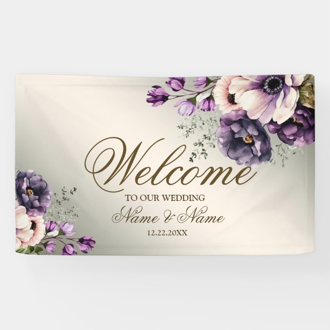 Party Purple Pink Flowers Golden Elegant Banner (Horizontal)