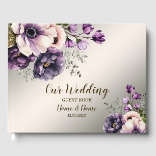Party Purple Pink Flowers Golden Elegant Guest Book