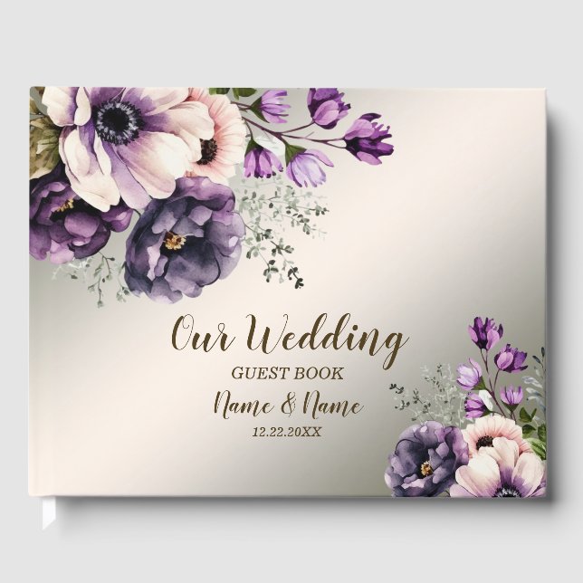 Party Purple Pink Flowers Golden Elegant Guest Book (Front)