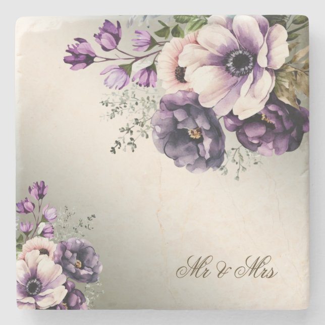 Party Purple Pink Flowers Golden Elegant Stone Coaster (Front)