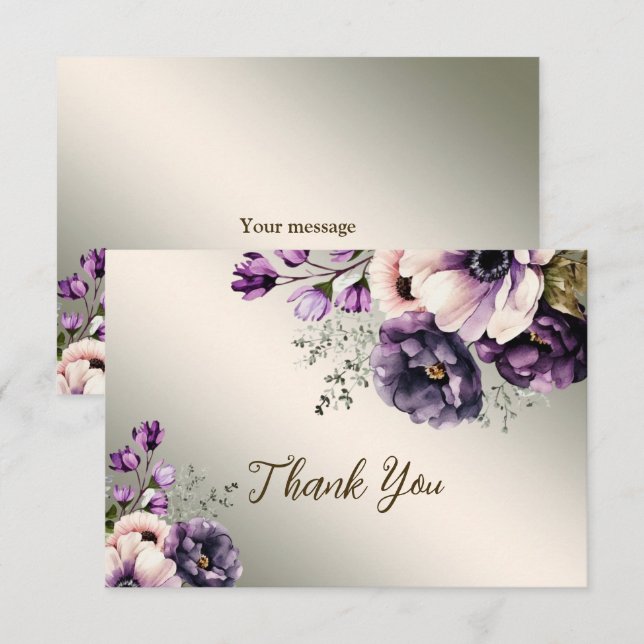 Party Purple Pink Flowers Golden Elegant Thank You Card (Front/Back)