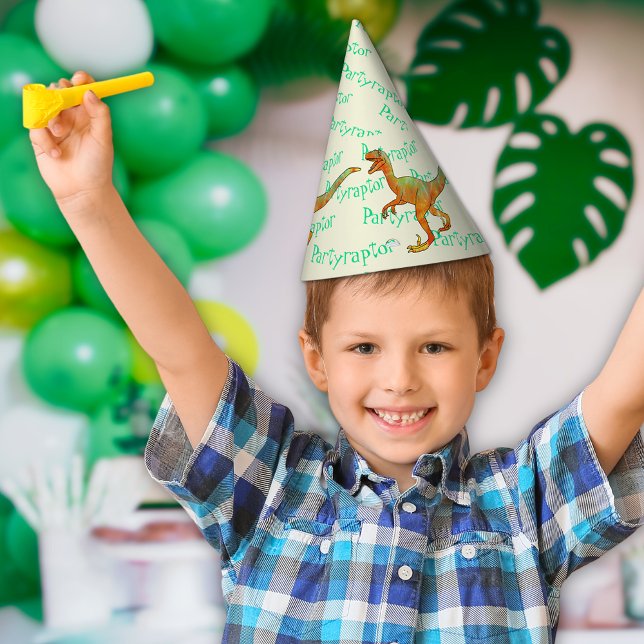 Party Raptor Funny Colourful Velociraptor Dinosaur Party Hat (Dinosaur Velociraptor birthday party hat with fun partyraptor typography )