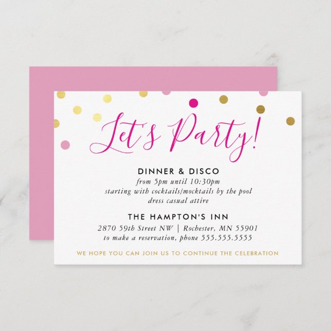 PARTY RECEPTION INFO glam confetti spot gold pink Invitation (Front/Back)