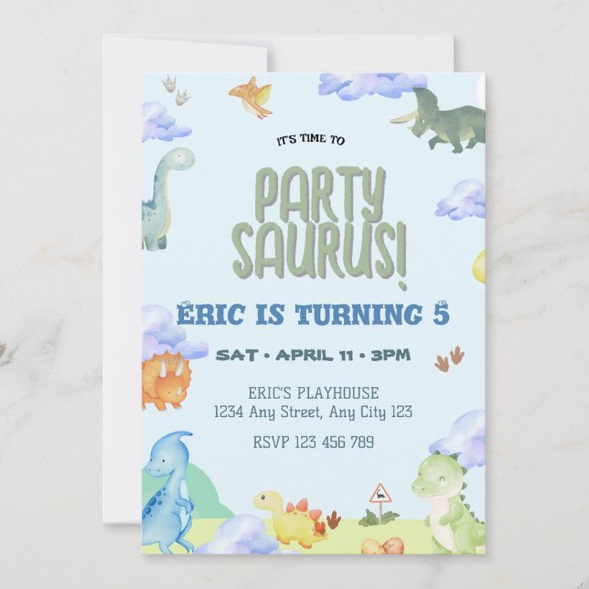 Party Saurus Dinosaur Birthday Invitation (Front)