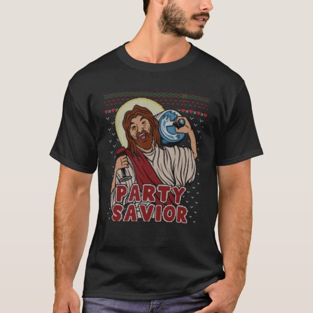 Party Saviour Jesus Santa Claus Beer Ugly Christma T-Shirt (Front)