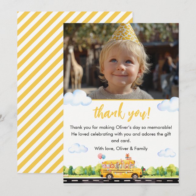 Party School Bus Birthday Thank You Card (Front/Back)