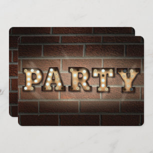 Party sign in marquee lights on brick invitation